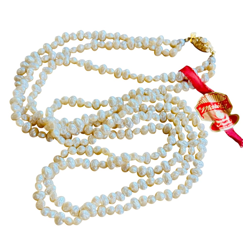 VTG Marika Japan Baroque Pearl Simulated Necklace Beaded 2 Strand Cream 30" 60s